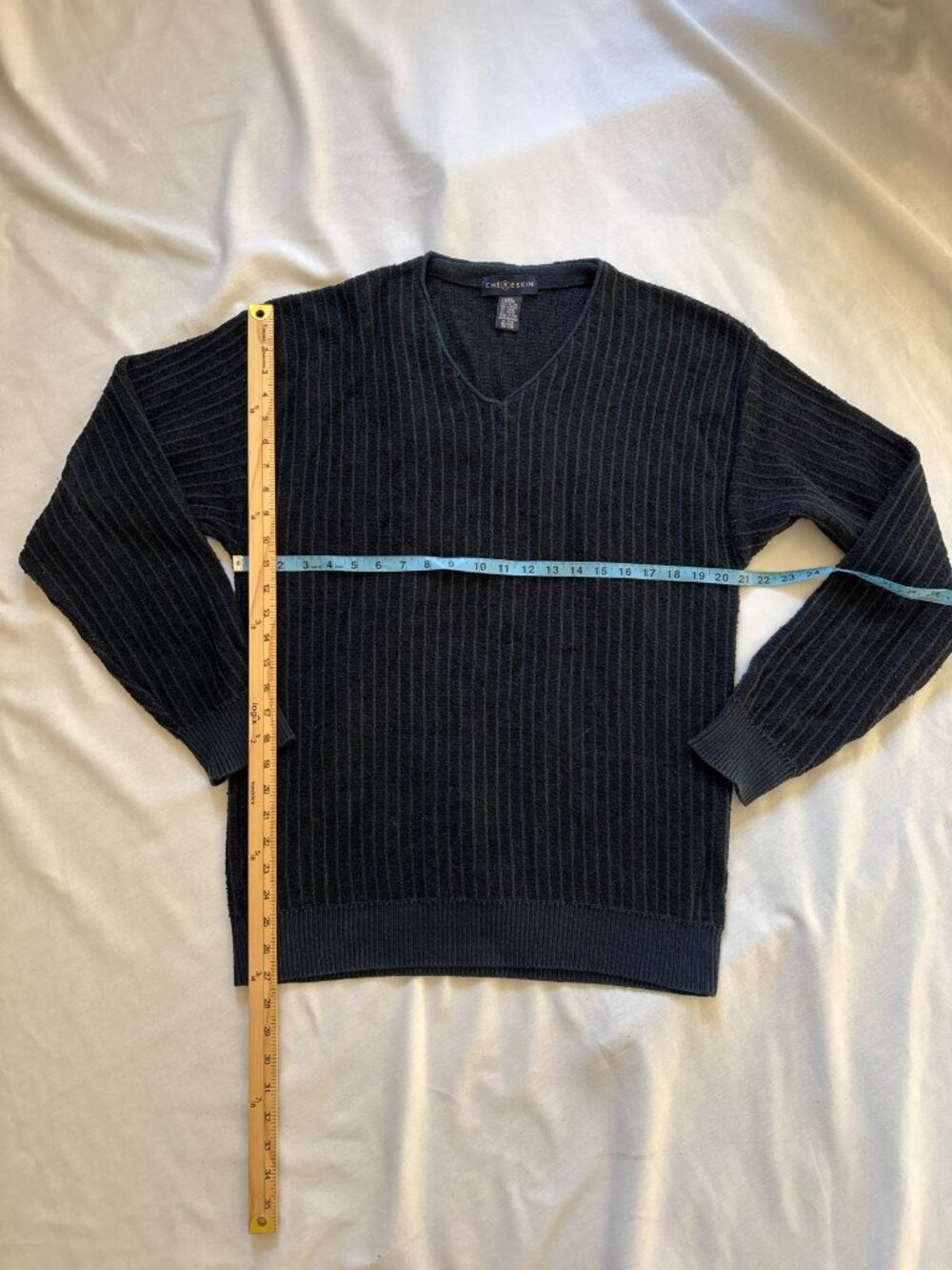 Chereskin Navy Blue V-Neck Ribbed Sweater | Made in Italy | Men's XL